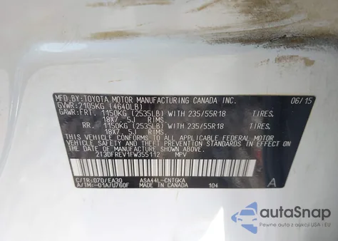 2015 Toyota Rav4 Limited z USA, uszkodzony, nr VIN 2T3DFREV1FW355112